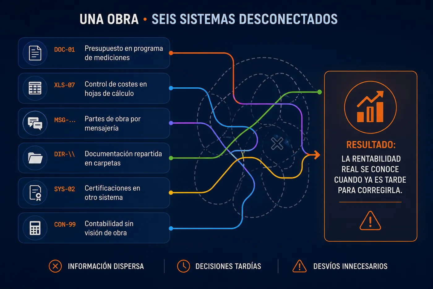 Una obra, seis sistemas desconectados: presupuesto en programa de mediciones, control de costes en hojas de cálculo, partes de obra por mensajería, documentación repartida en carpetas, certificaciones en otro sistema y contabilidad sin visión de obra. Resultado: la rentabilidad real se conoce cuando ya es tarde para corregirla.