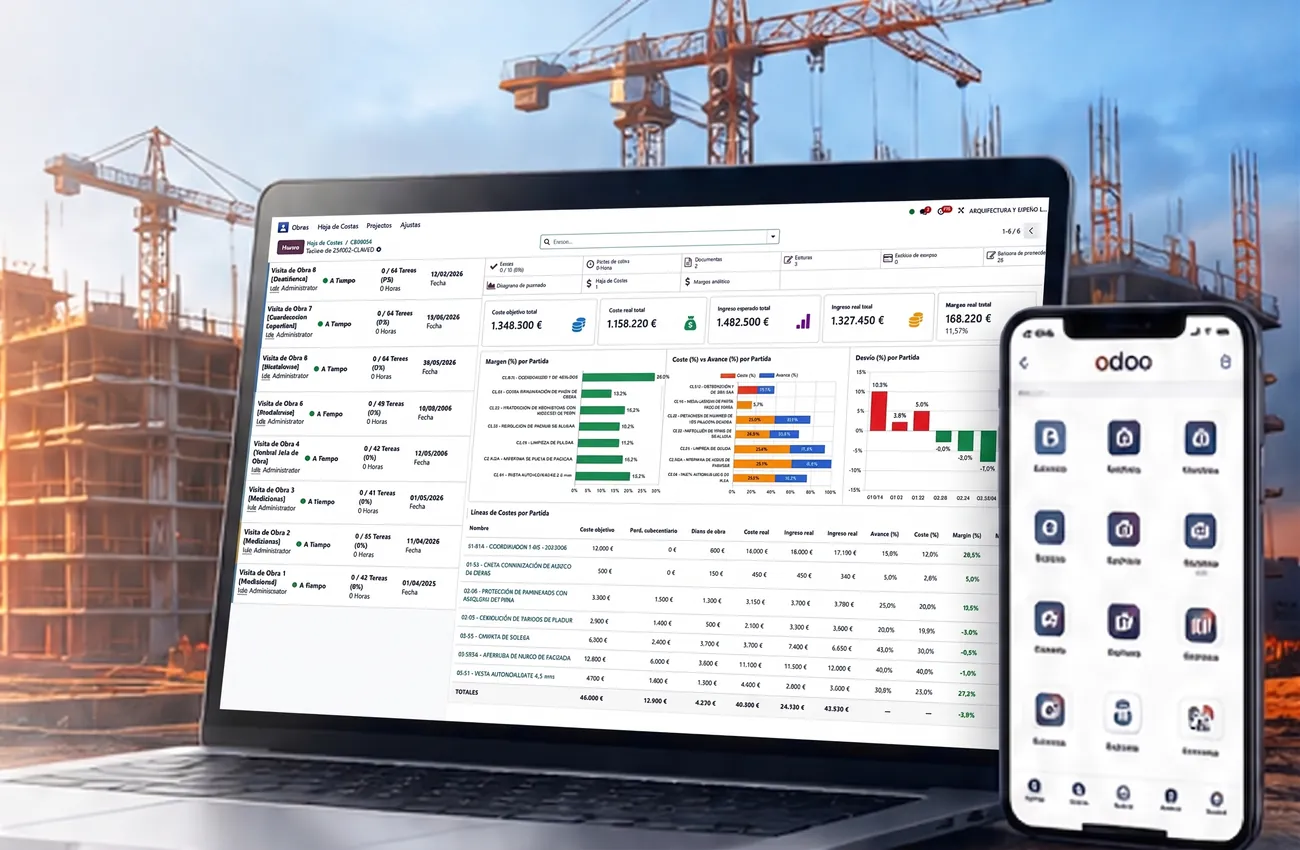 KICON en funcionamiento: hoja de costes de una obra en Odoo con márgenes por partida, coste objetivo frente a coste real y desvíos, junto a la app móvil, sobre una obra con grúas